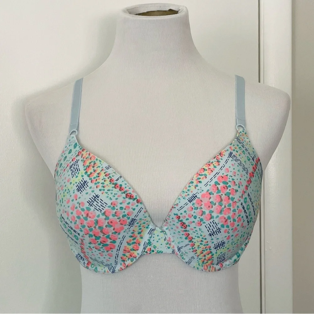 Victoria’s Secret Women’s Perfect Coverage Floral Print Bra Blue and Pink 36C